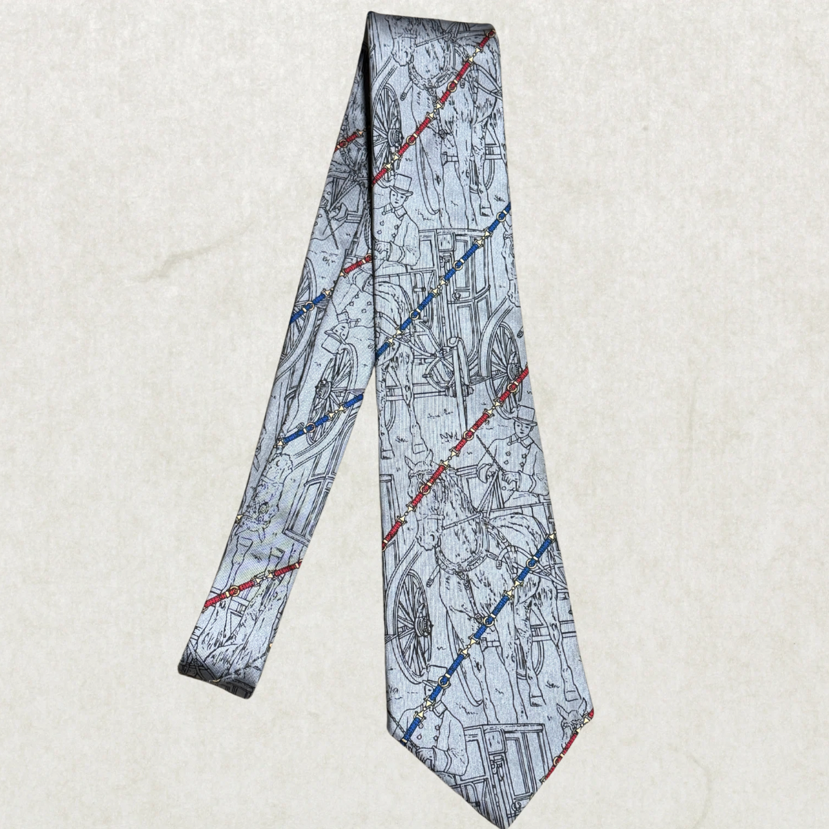 Vintage Alèssio Silk Tie – Equestrian Carriage Print, Gray Pattern, 100% Silk, 55”