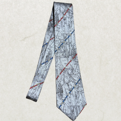 Vintage Alèssio Silk Tie – Equestrian Carriage Print, Gray Pattern, 100% Silk, 55”