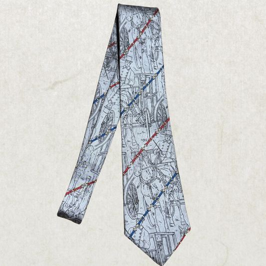Vintage Alèssio Silk Tie – Equestrian Carriage Print, Gray Pattern, 100% Silk, 55”