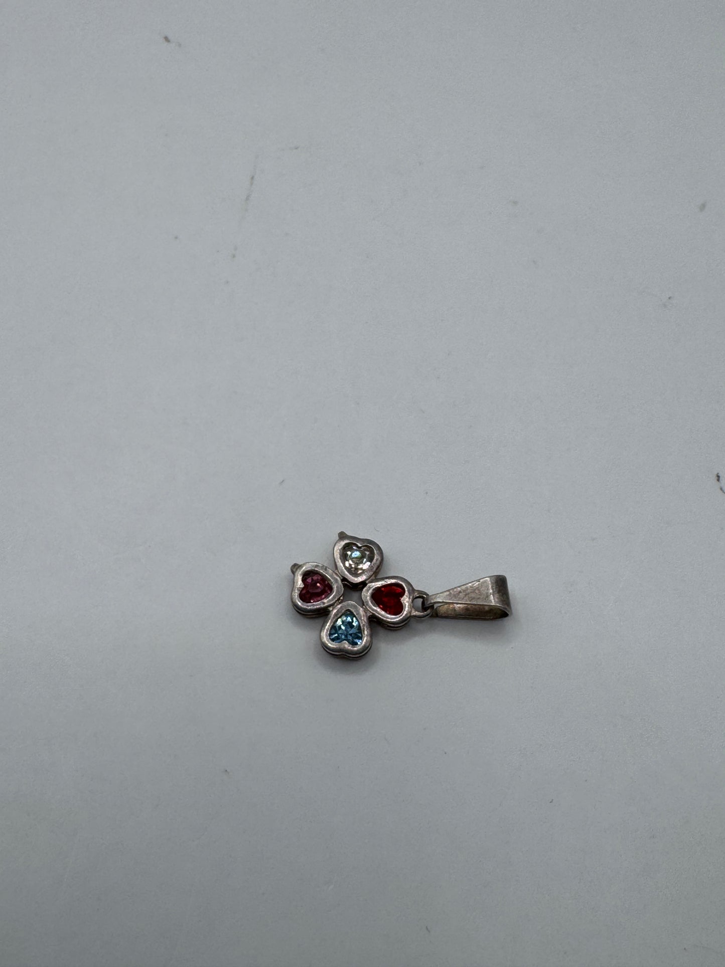 Vintage Sterling Silver Artisan Cross Pendant with Heart Gemstones – Excellent Condition