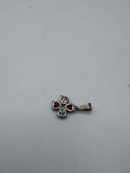 Vintage Sterling Silver Artisan Cross Pendant with Heart Gemstones – Excellent Condition