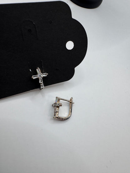 Sterling Silver 925 Cross Earrings with Crystals – English Clasp