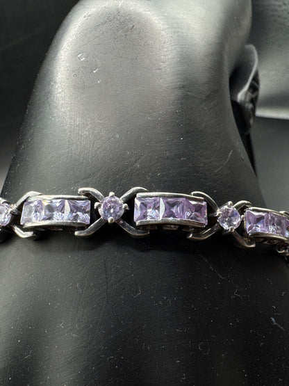 Vintage Sterling Silver 925 Purple Stone Tennis Bracelet – Lavender CZ Link Bracelet – 7.5” – Elegant Statement Jewelry