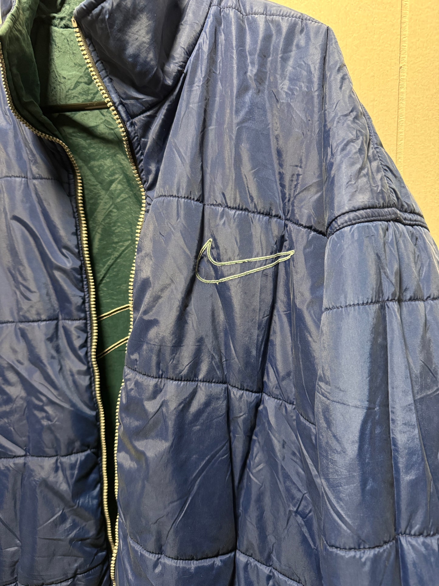 Vintage 90s Nike Reversible Puffer Jacket Men’s L – Big Embroidered Swoosh, Green/Blue