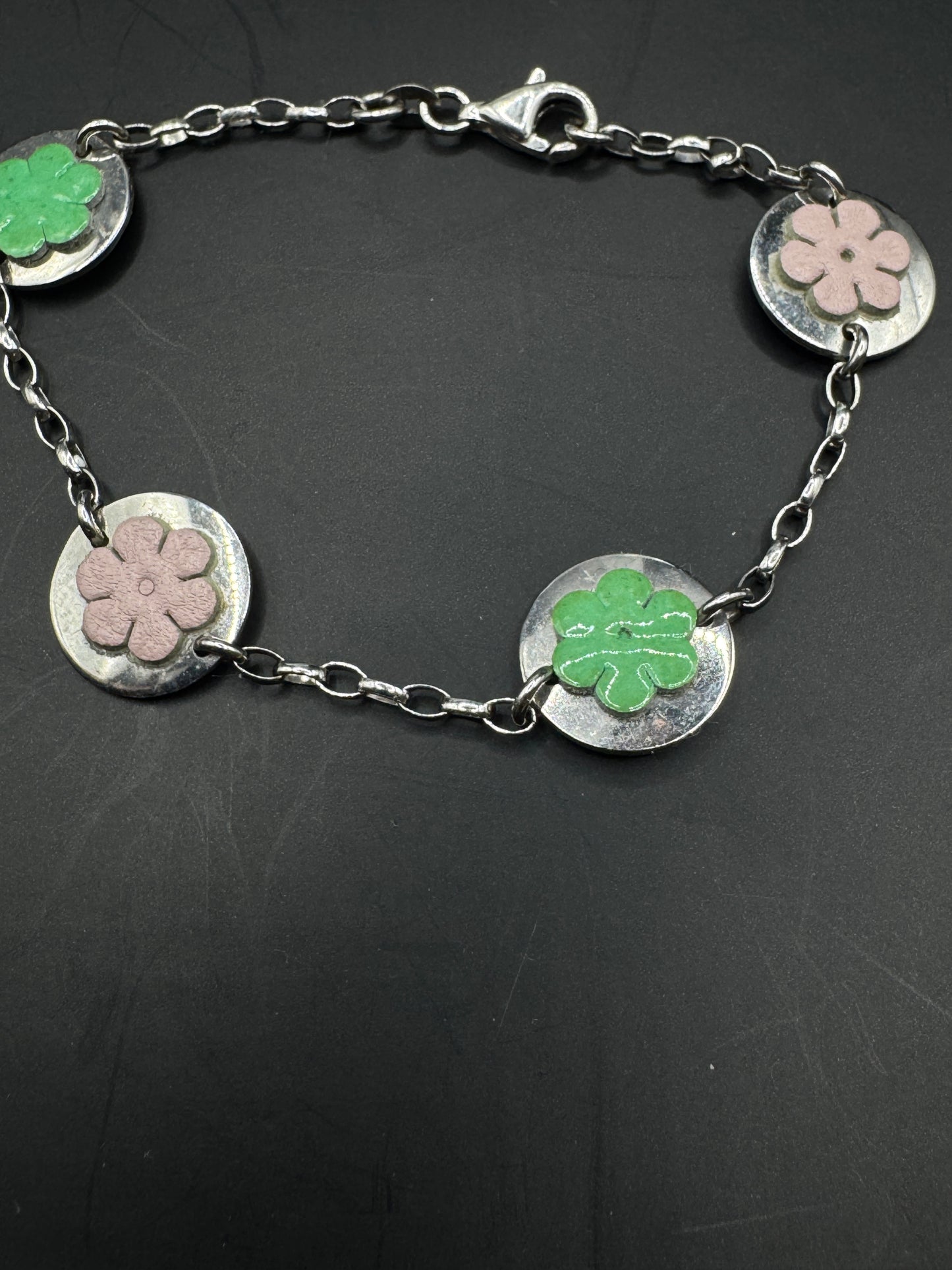 Vintage Italian Sterling Silver 925 Bracelet with Leather Flower Inlays – Pastel Floral Disc Design