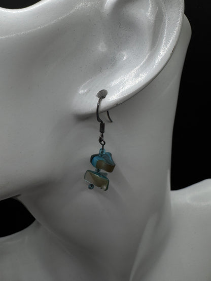 Vintage Sterling Silver Abalone Shell Drop Earrings – Iridescent Blue Green, Organic Design