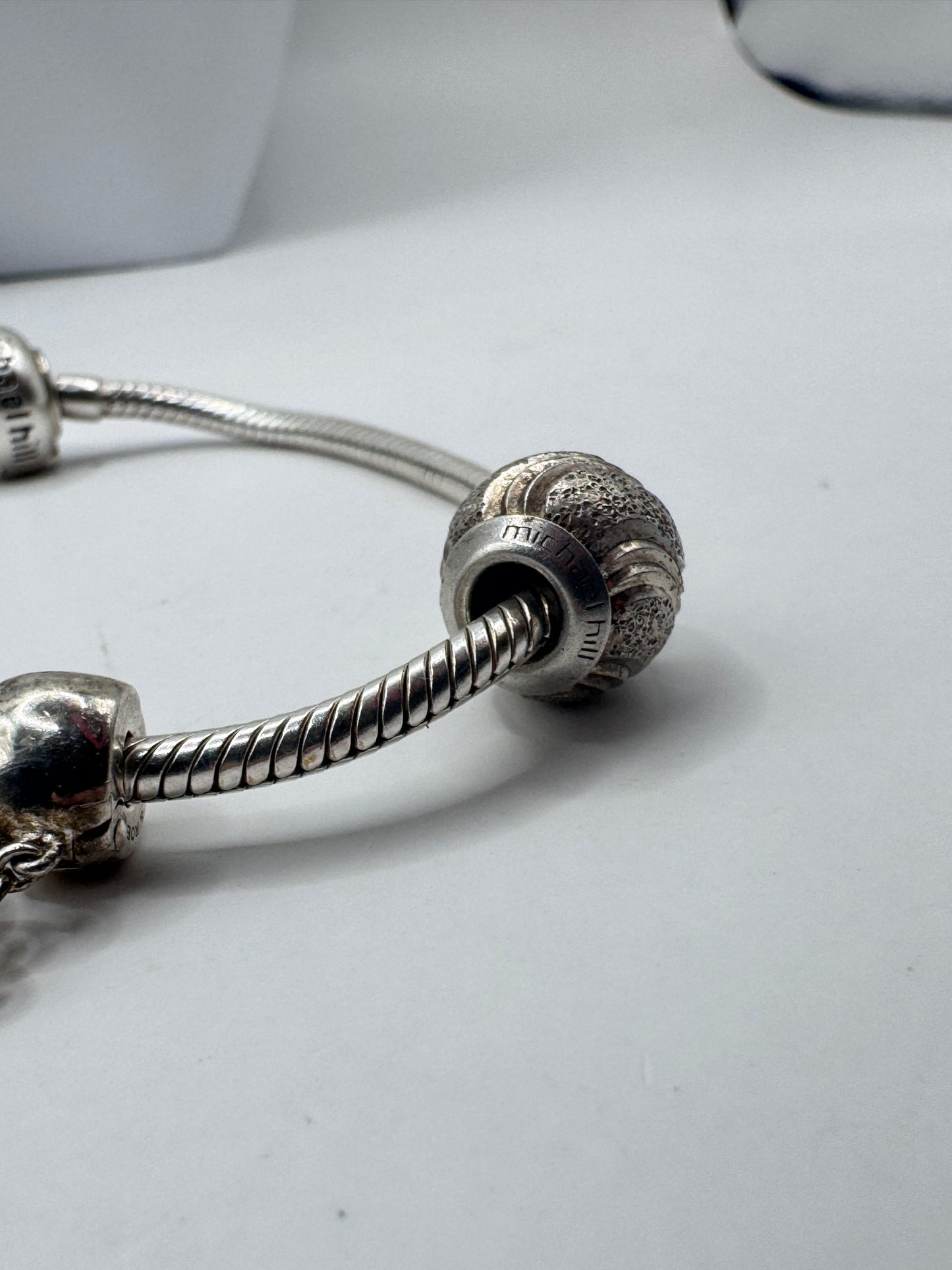 Michael Hill Sterling Silver 925 Snake Chain Charm Bracelet with 2 Michael Hill Charms & Emma & Roe Blue Diamond Charm