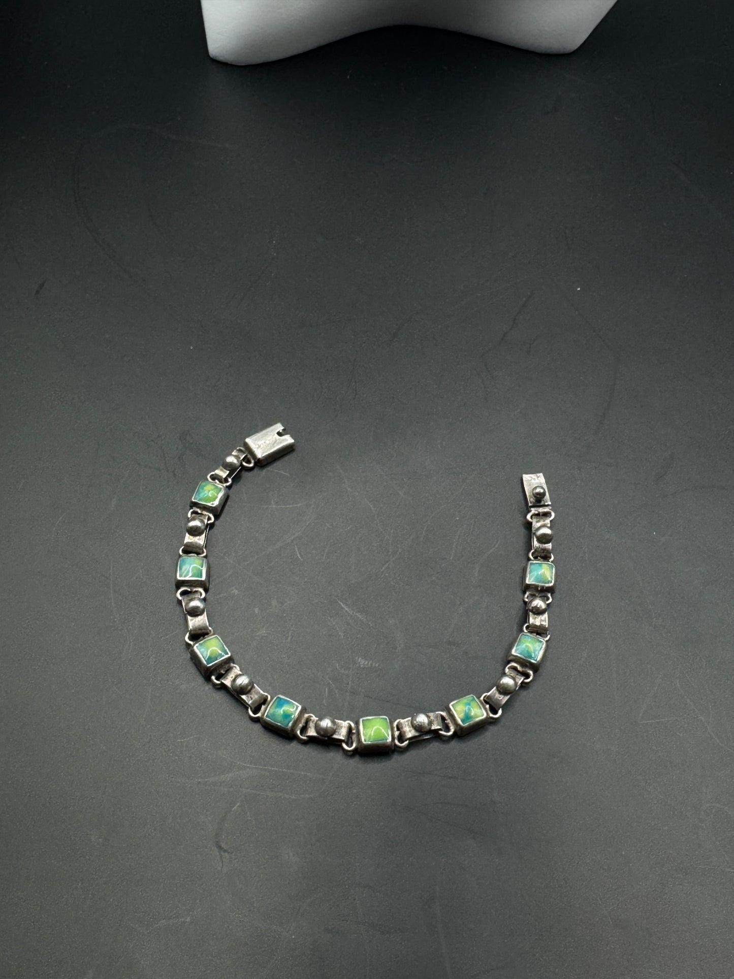 Vintage Mexican Sterling Silver 925 Bracelet with Green Stone Inlay – Taxco Style Link Design