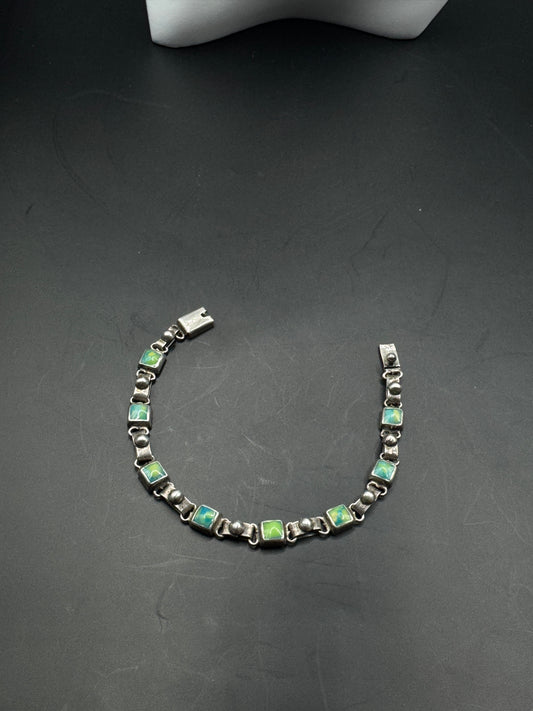Vintage Mexican Sterling Silver 925 Bracelet with Green Stone Inlay – Taxco Style Link Design