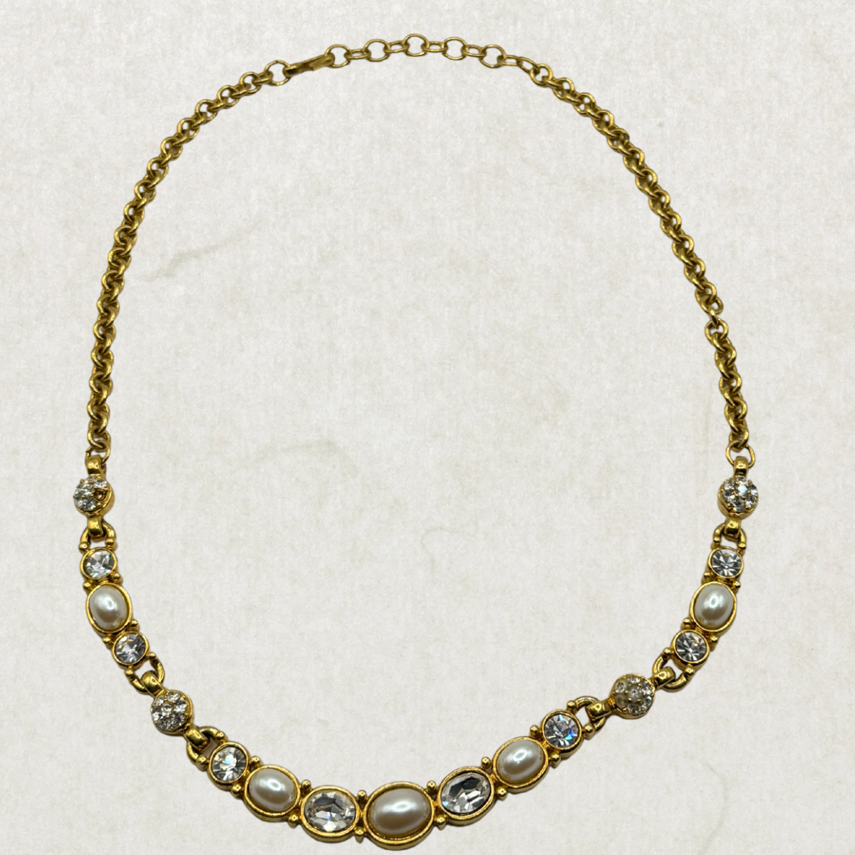 Vintage Monet Gold Tone Necklace with Faux Pearls & Rhinestones – Elegant Statement Collar Necklace