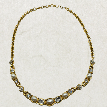 Vintage Monet Gold Tone Necklace with Faux Pearls & Rhinestones – Elegant Statement Collar Necklace