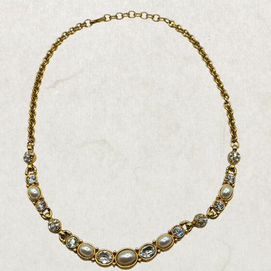 Vintage Monet Gold Tone Necklace with Faux Pearls & Rhinestones – Elegant Statement Collar Necklace