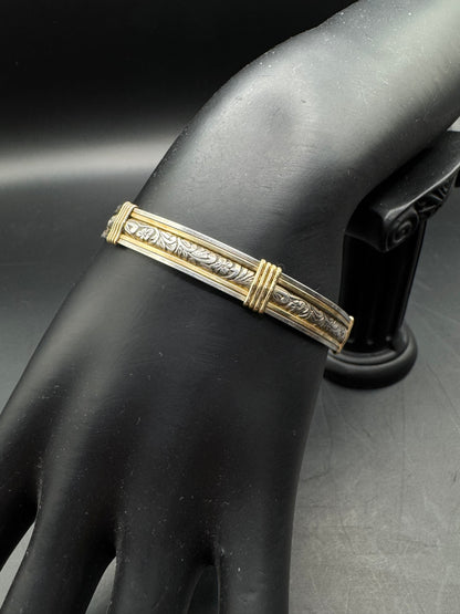 Vintage Sterling Silver Bracelet with 14k Gold-Filled Accents – Floral Engraved