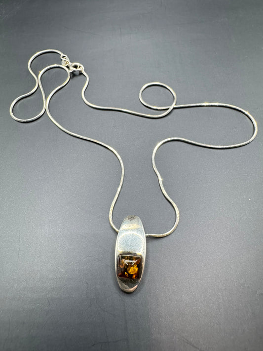 Amber Statement Pendant Necklace – 925 Sterling Silver, 17” Chain