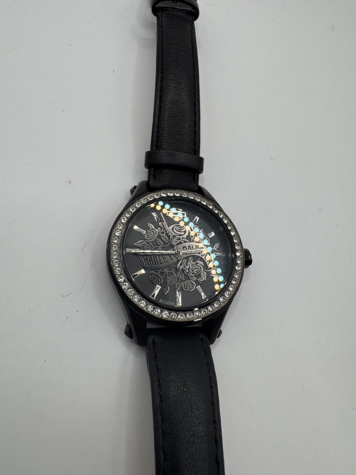 Limited Edition Bulova Harley-Davidson Women’s Watch – Black Leather Strap & Crystal Bezel