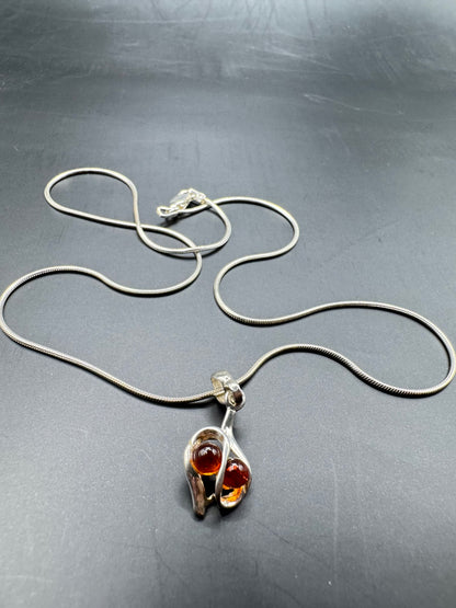 Amber Drop Pendant Necklace – 925 Sterling Silver, 17” Chain