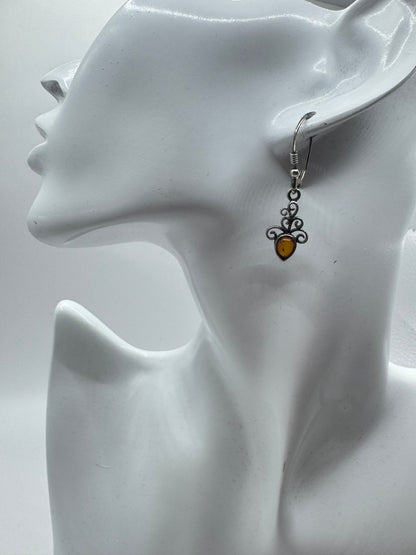 Sterling Silver Amber Filigree Drop Earrings