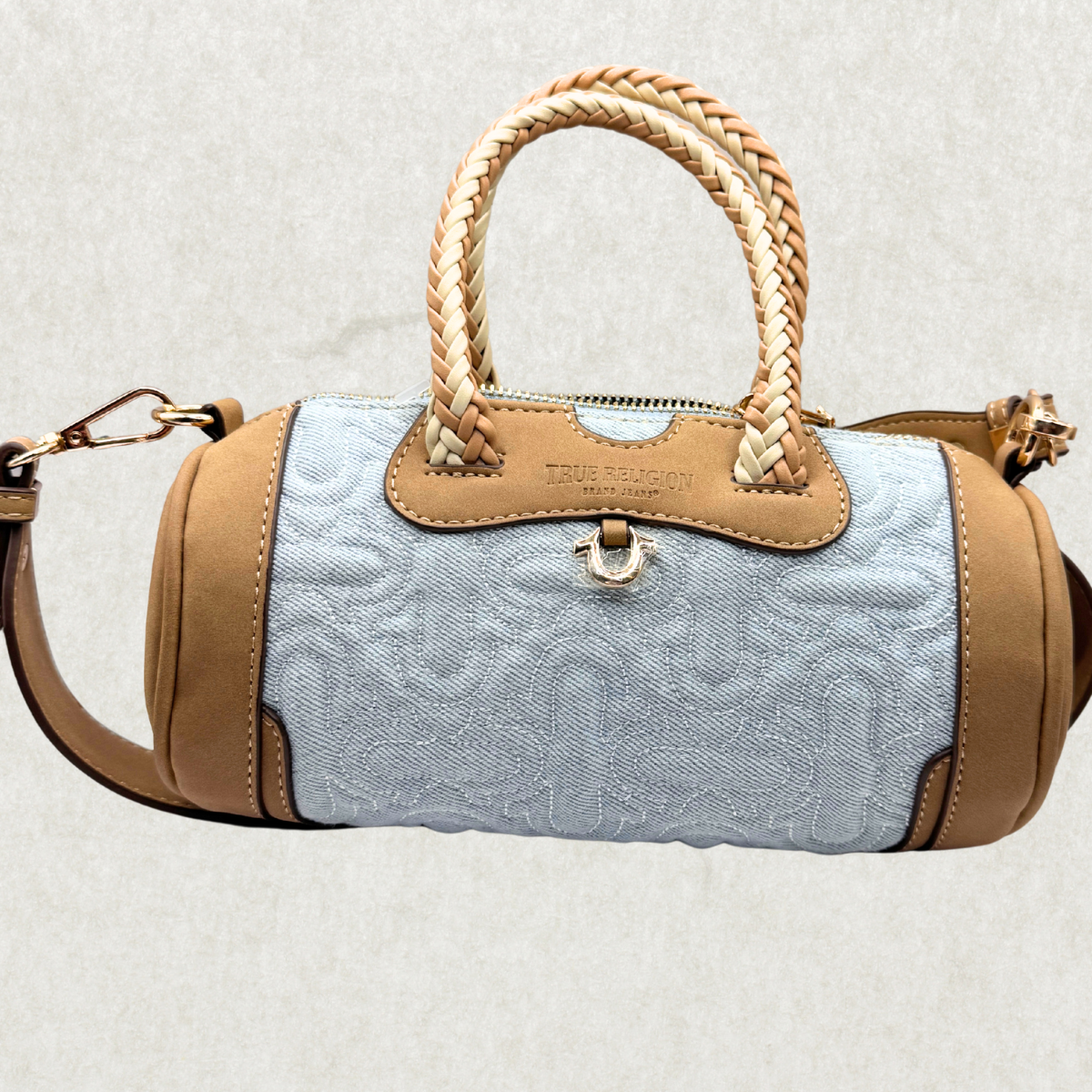 True Religion Quilted Horseshoe Mini Duffel Crossbody Bag – Brand New, Denim & Tan