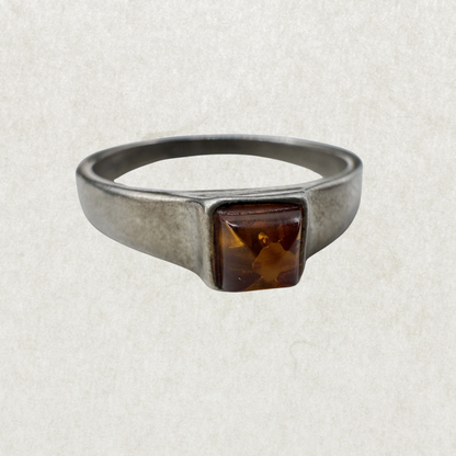 Silver 925 Square Amber Ring Size 7.5