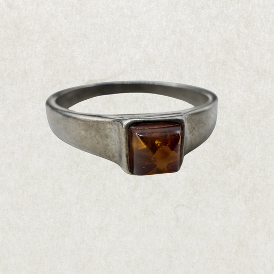Silver 925 Square Amber Ring Size 7.5