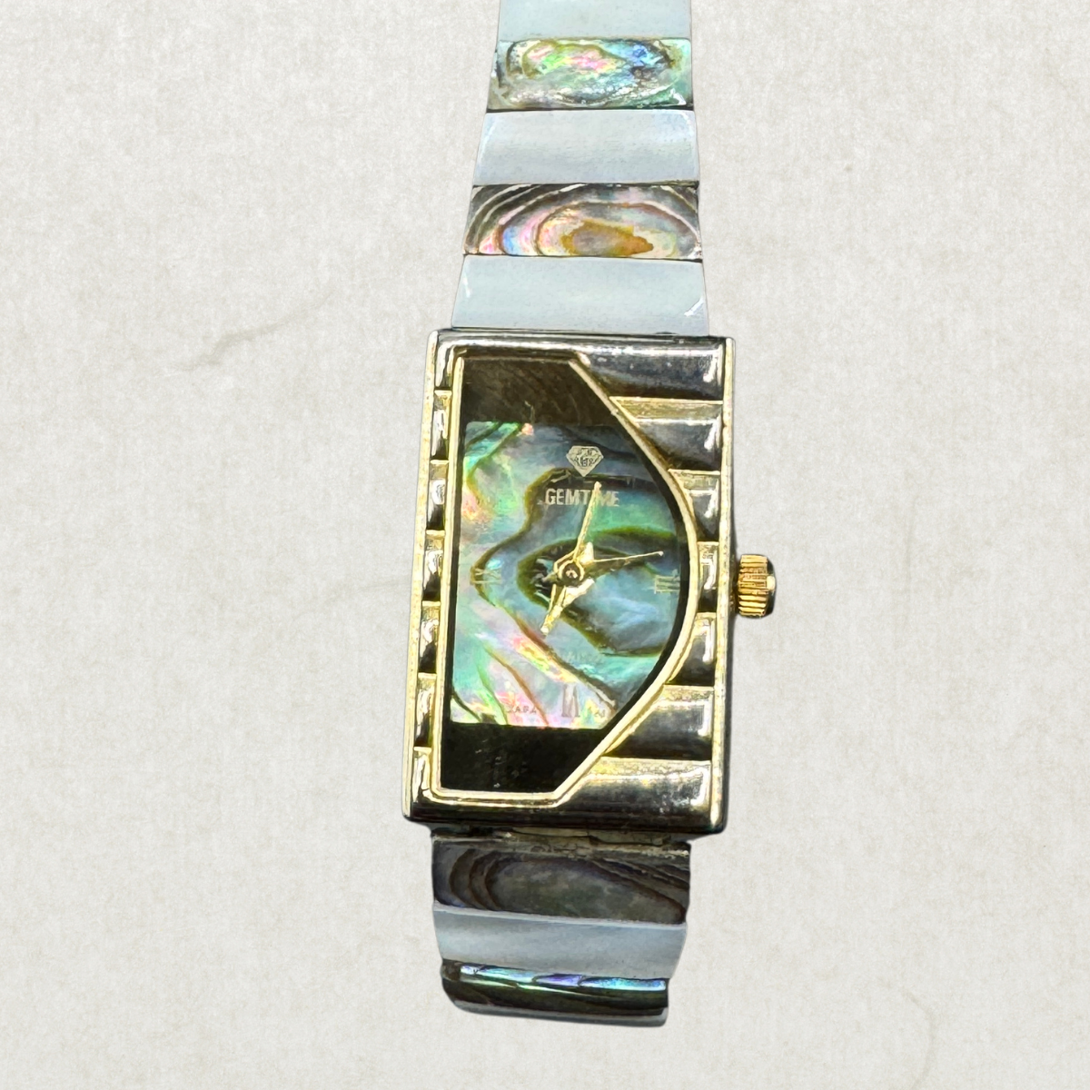 Vintage Gemtime Ladies Watch – Abalone Shell Dial & Stretch Bracelet, Working, Unique Statement Piece