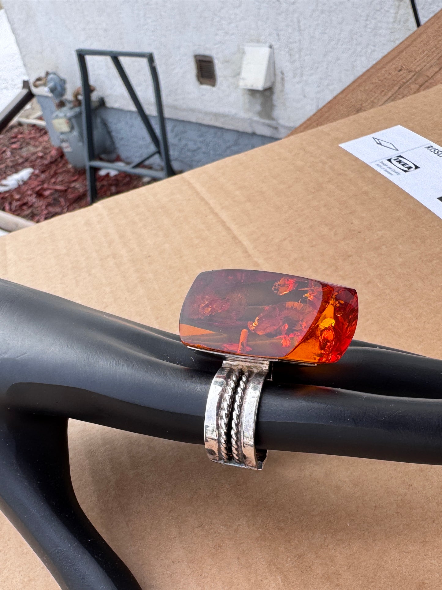 Sterling Silver Ring with Large Faceted Amber, Size 9