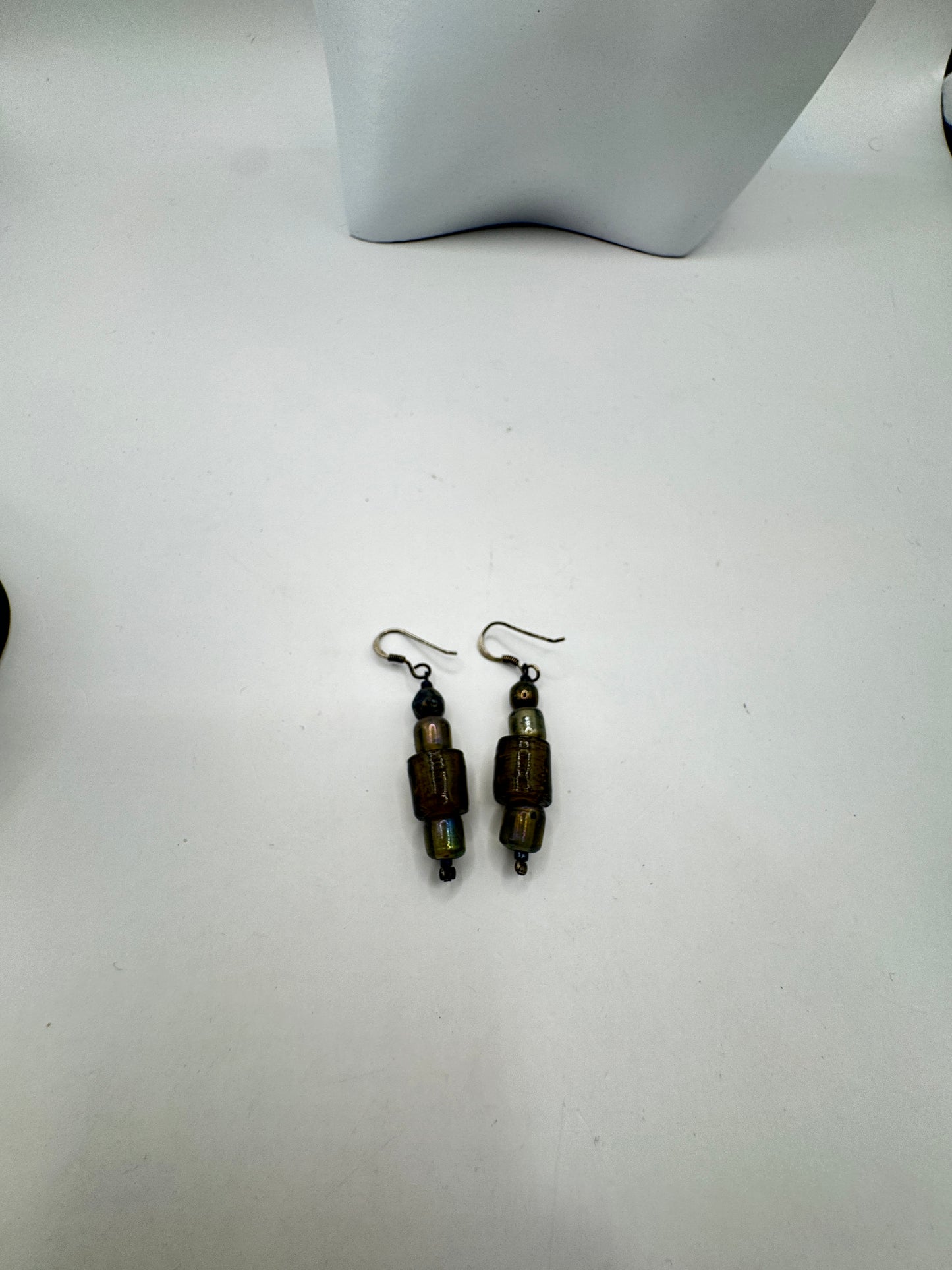 Vintage Sterling Silver Earrings with Iridescent Art Glass Beads – Excellent Condition