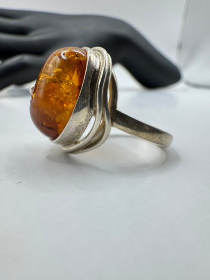 Vintage Sterling Silver Golden Amber Garden Ring Size 7