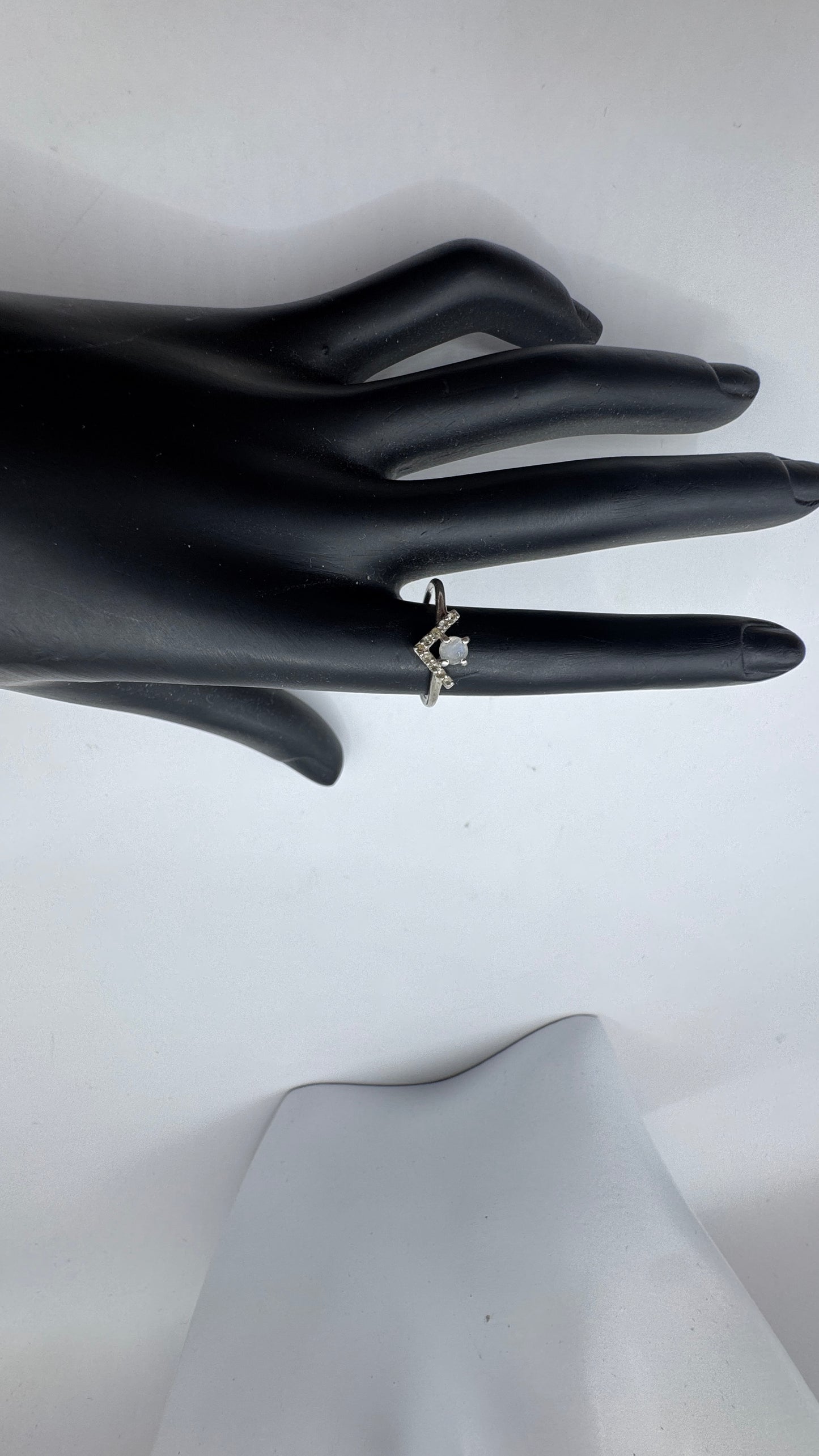 Vintage Sterling Silver Ring with Diamonds & Opal, Size 6.45 – Excellent Condition