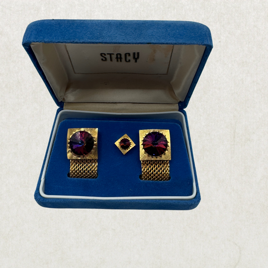 Vintage 70s Rivoli Crystal Cufflinks & Tie Pin Set – Watermelon Prism Gold-Tone