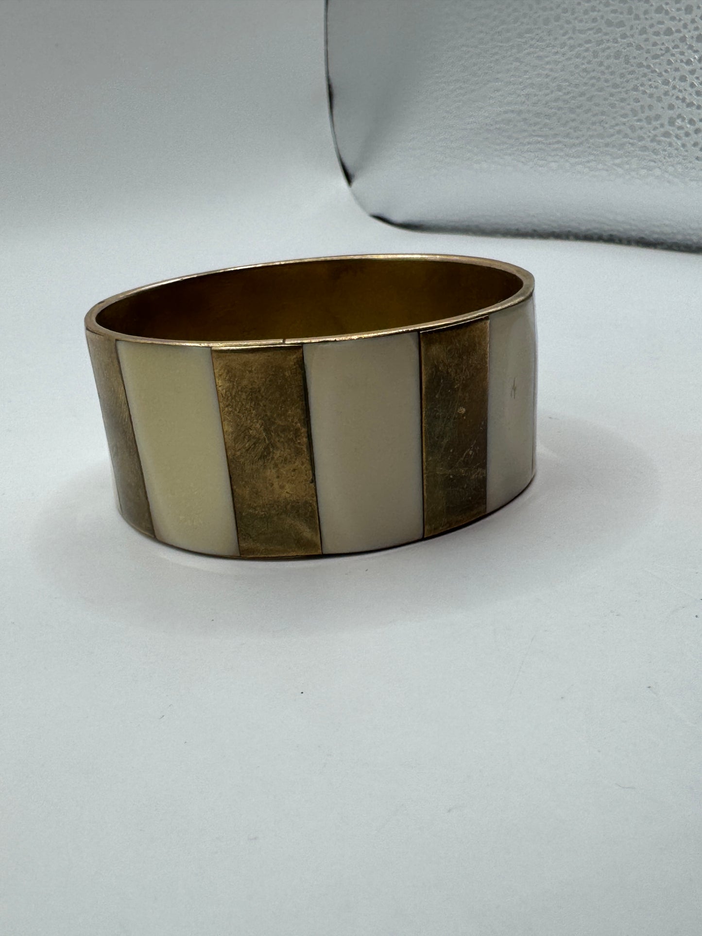Vintage Massive Brass Cuff Bracelet – Mother of Pearl Inlay, Wide Statement Bangle, 2.5” Diameter
