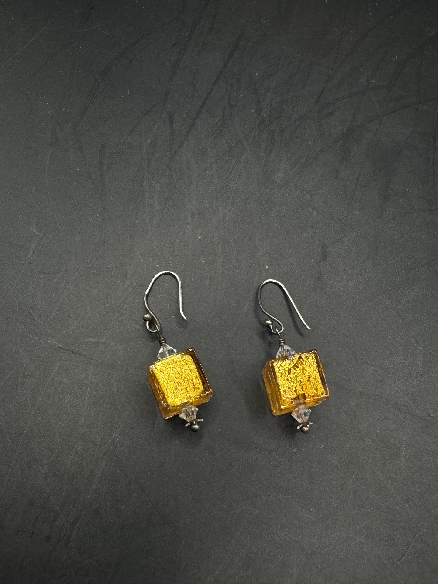 Handmade Sterling Silver Art Glass Earrings – Gold Foil Murano Style Dangle Earrings