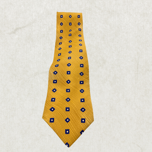 Vintage Stefano Conti 100% Silk Tie – Gold with Blue Geometric Pattern, 60” x 4”