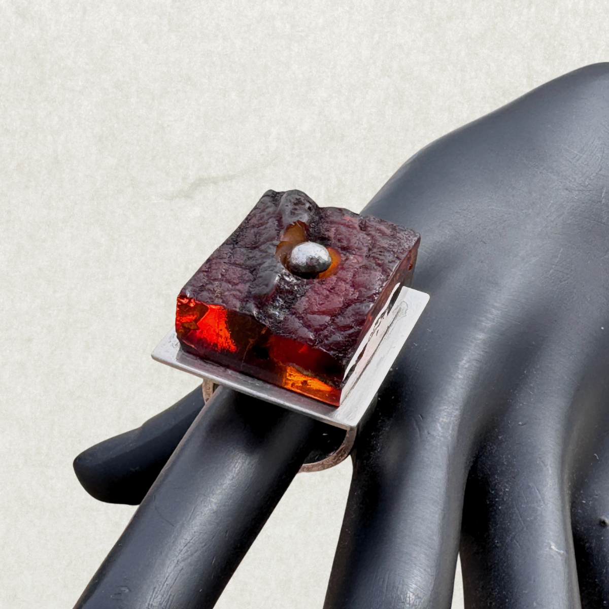 Mogens Godskesen Sterling Silver Modernist Ring with Sculptural Baltic Amber, Size 8.5