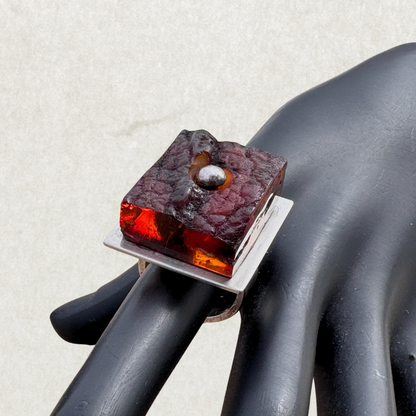 Mogens Godskesen Sterling Silver Modernist Ring with Sculptural Baltic Amber, Size 8.5