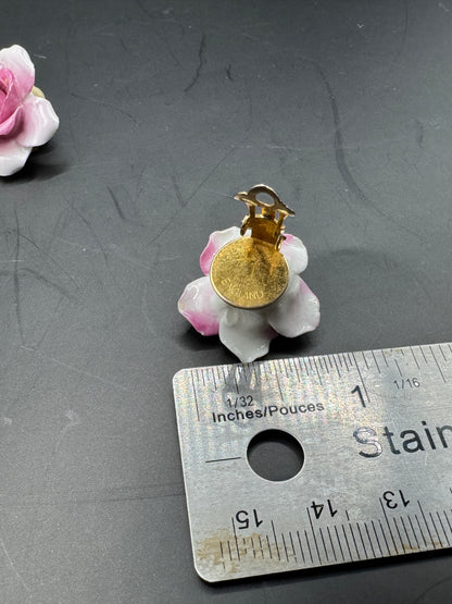 Vintage Porcelain Rose Clip-On Earrings – Pink Floral, Made in England, Mid-Century
