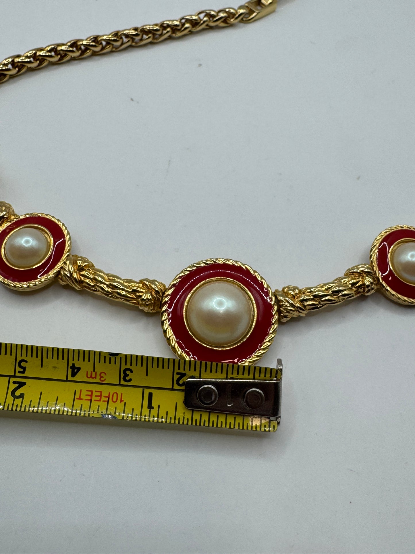 Vintage Richelieu Necklace – Gold Tone, Red Enamel & Faux Pearl, 16”, Statement Piece