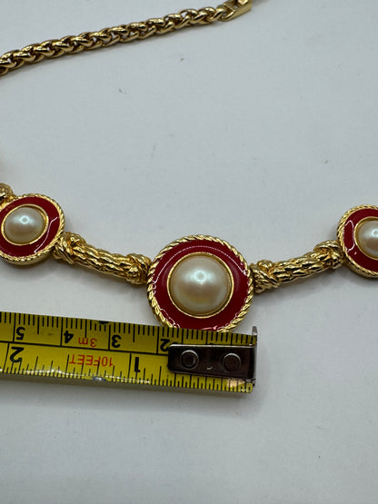 Vintage Richelieu Necklace – Gold Tone, Red Enamel & Faux Pearl, 16”, Statement Piece