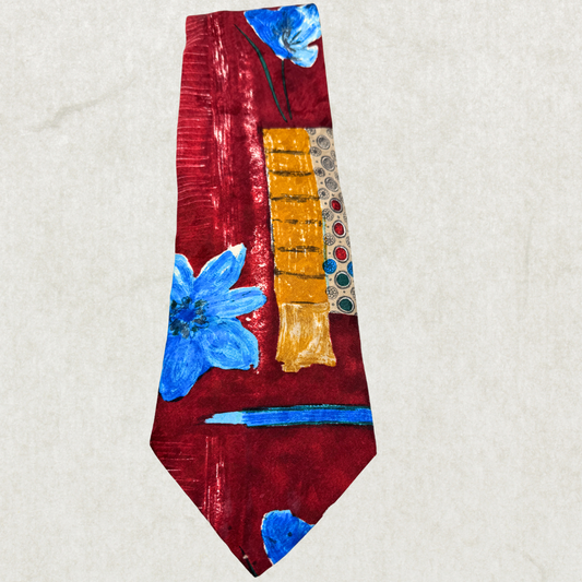 Vintage Bellissimo 100% Silk Tie – Red Abstract Floral, 56” x 5”, Brand New