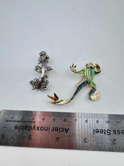 Gerry’s Poodle & Frog Brooch Set – Silver & Gold-Tone Metal Pins