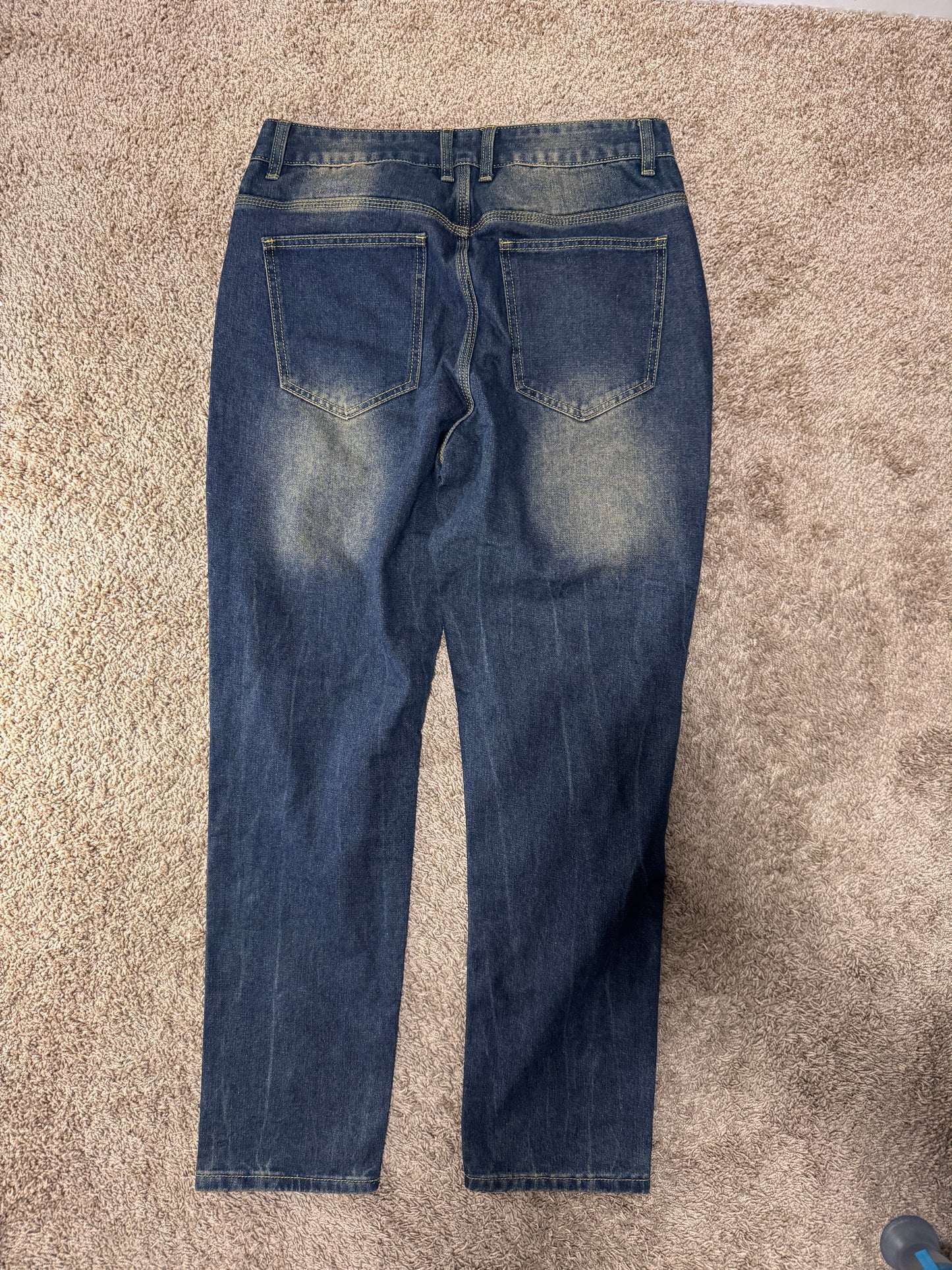 Men’s Distressed Patchwork Jeans – Size 34, Dark Wash, Slim Straight, Ripped Denim w/ Bear Patch