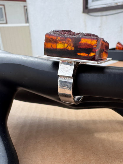 Mogens Godskesen Sterling Silver Modernist Ring with Sculptural Baltic Amber, Size 8.5