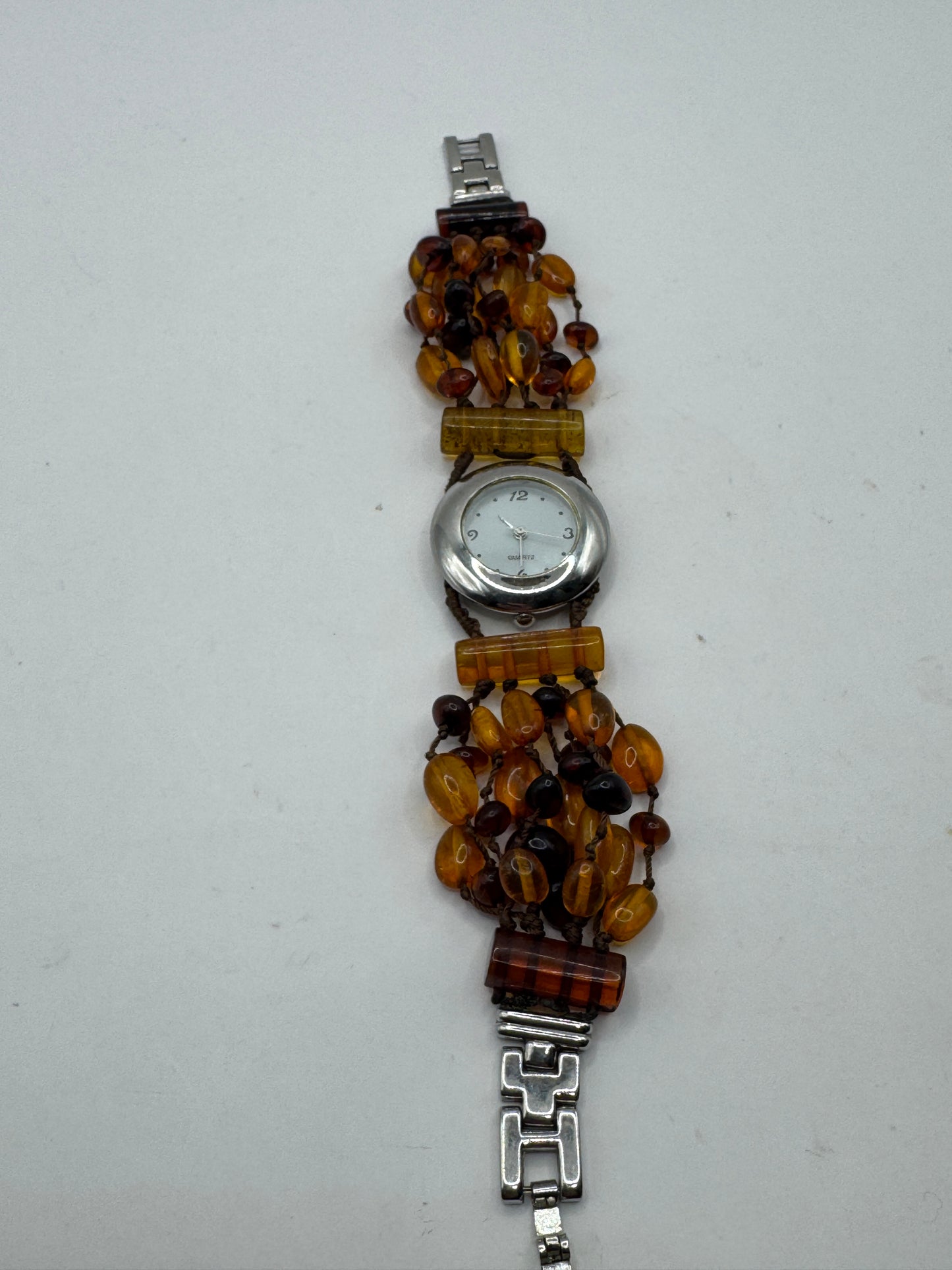 Vintage Baltic Amber Quartz Watch Bracelet Multi Strand Amber Beads 7.5”