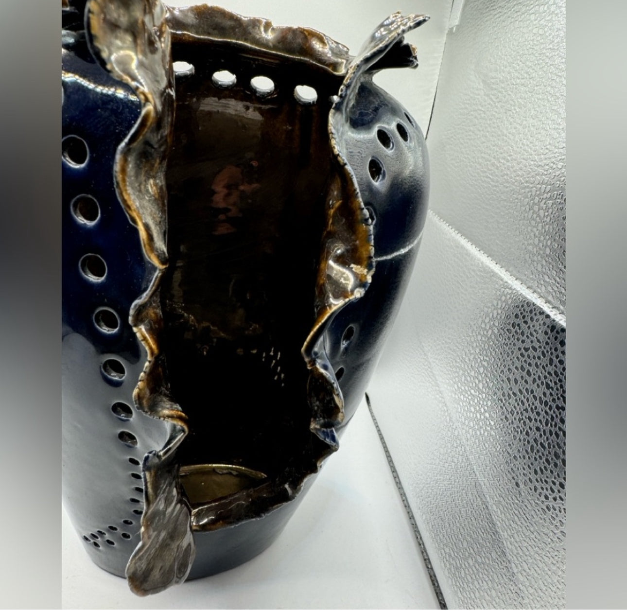 Vintage Porcelain Art Vase, Signed IS – Sculptural Navy Blue, c.1970, 11.5” x 7” x 7.5”