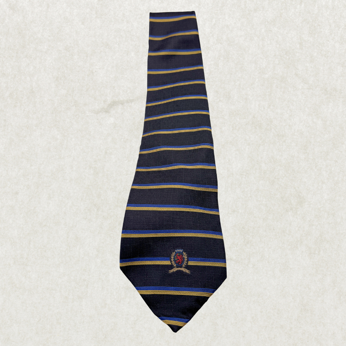 Vintage Tommy Hilfiger Silk Tie – 100% Silk, Navy Stripe Crest