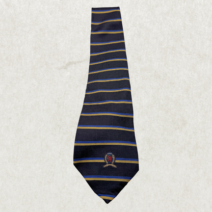 Vintage Tommy Hilfiger Silk Tie – 100% Silk, Navy Stripe Crest
