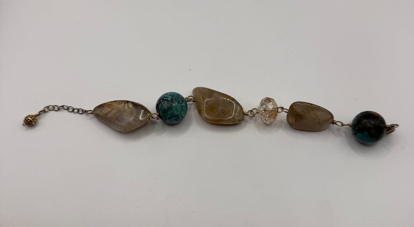 Vintage Sterling Silver Bracelet – Turquoise & Rutilated Quartz Cabochon, Golden Flax Accents