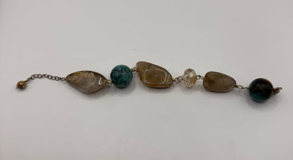 Vintage Sterling Silver Bracelet – Turquoise & Rutilated Quartz Cabochon, Golden Flax Accents