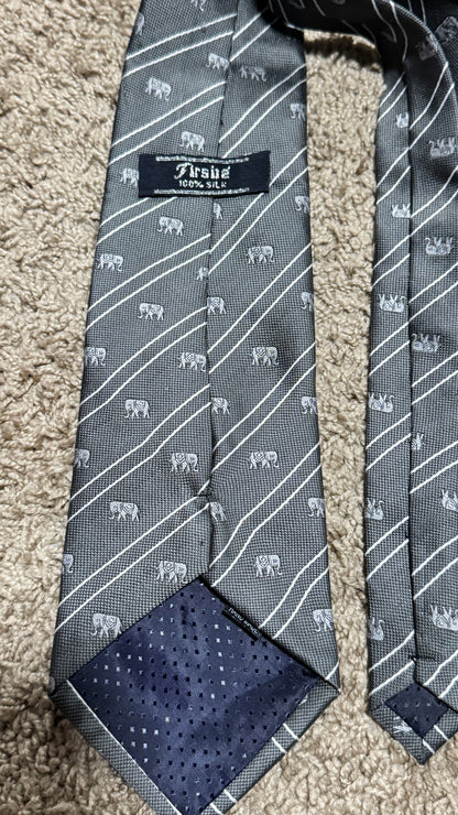 Vintage Firsite 100% Silk Elephant Stripe Tie – Gray Novelty Designer Necktie 56” x 4”