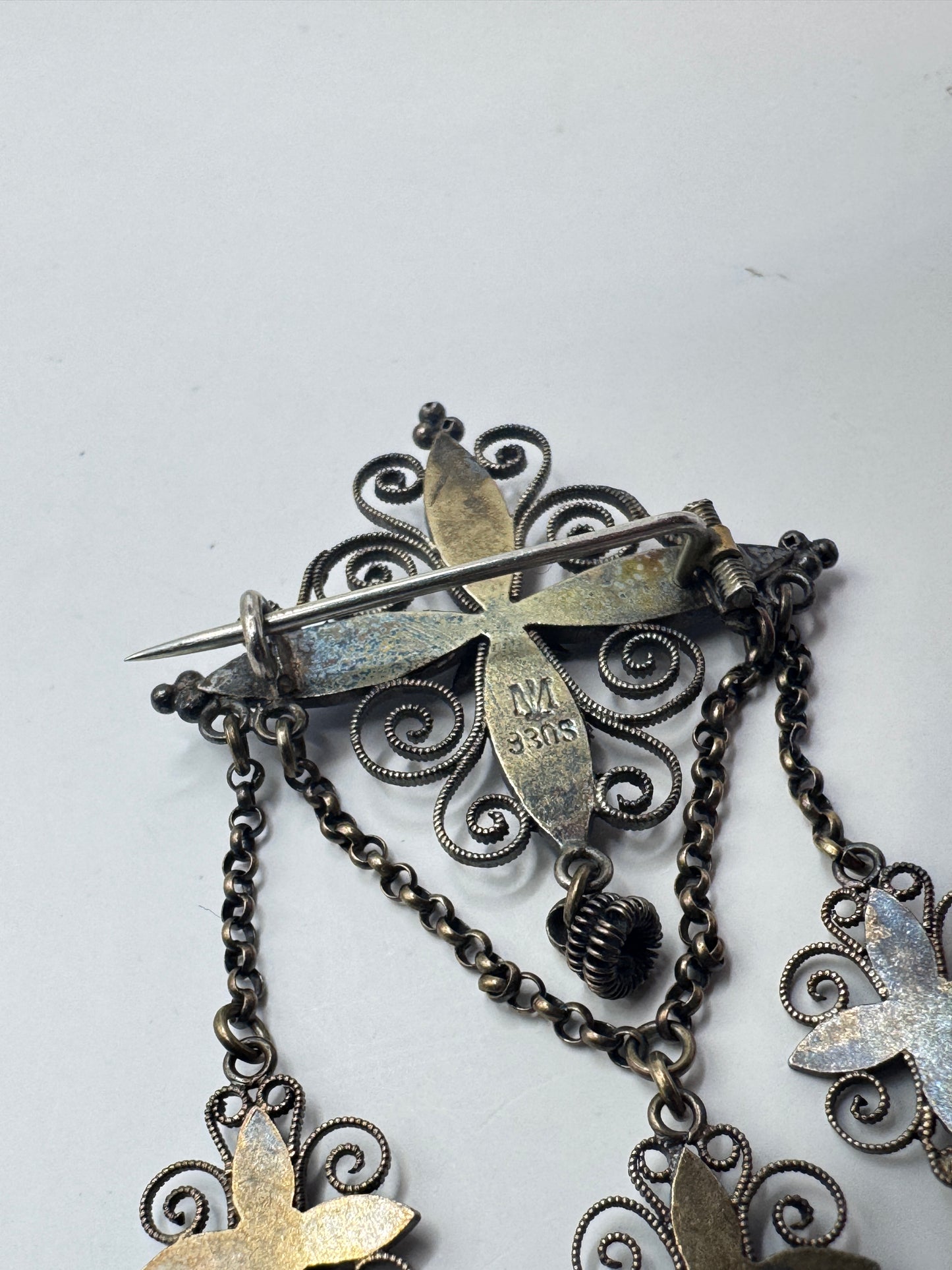 Authentic Antique Marius Hammer Silver 930 Filigree Brooch with Blue Enamel & Thimble Drops, c.1900 – Good Condition